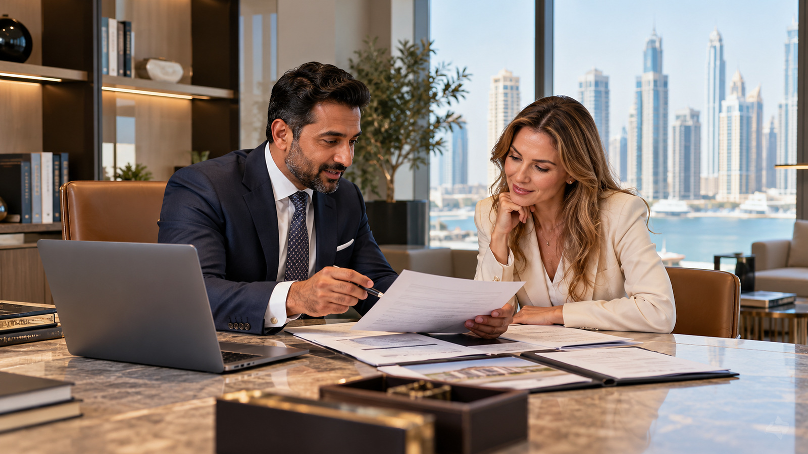 Mortgage adviser reviewing bank and Golden Visa documents with a property investor in Dubai
