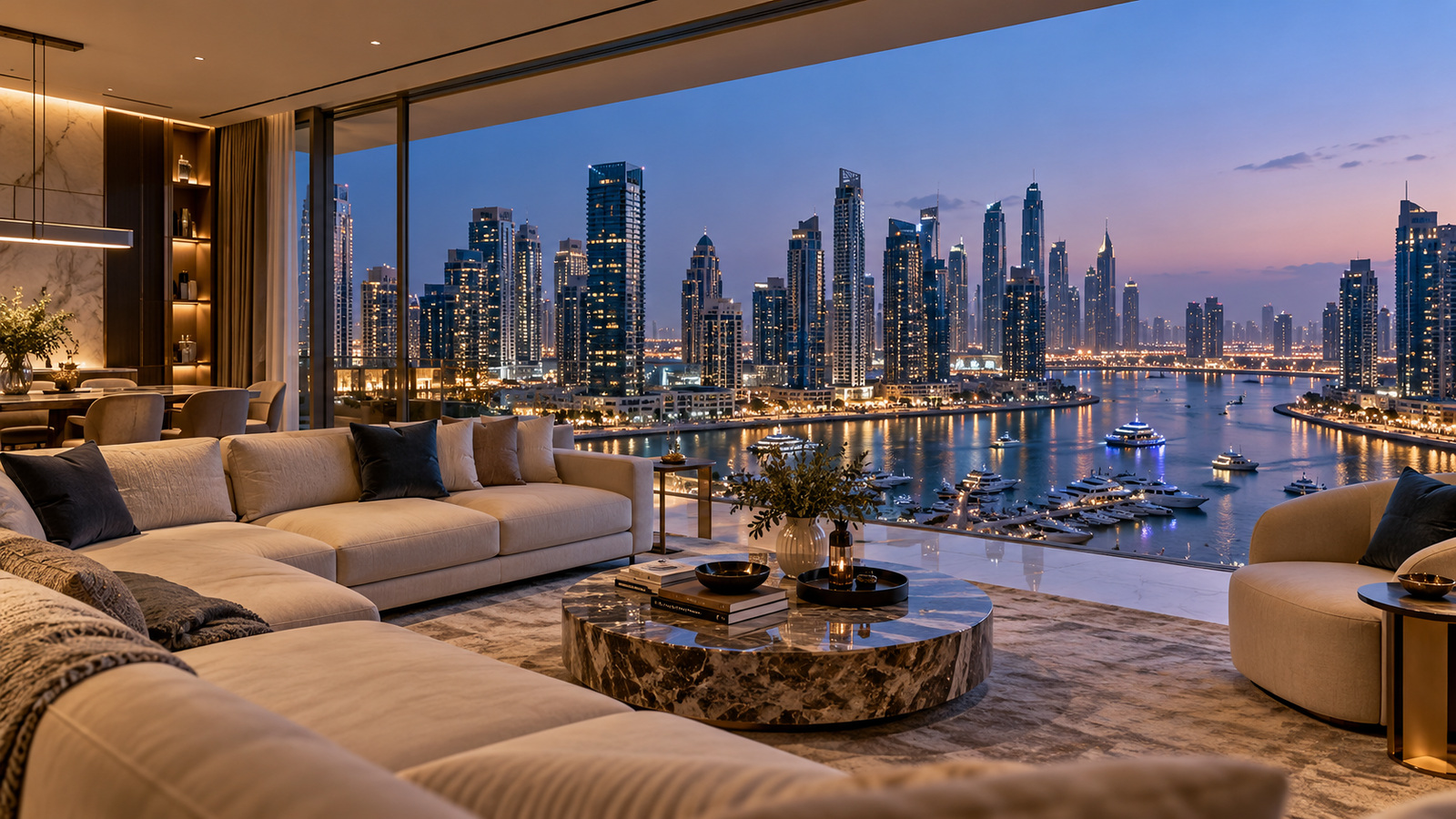 Dubai evening living room overlooking the waterfront skyline